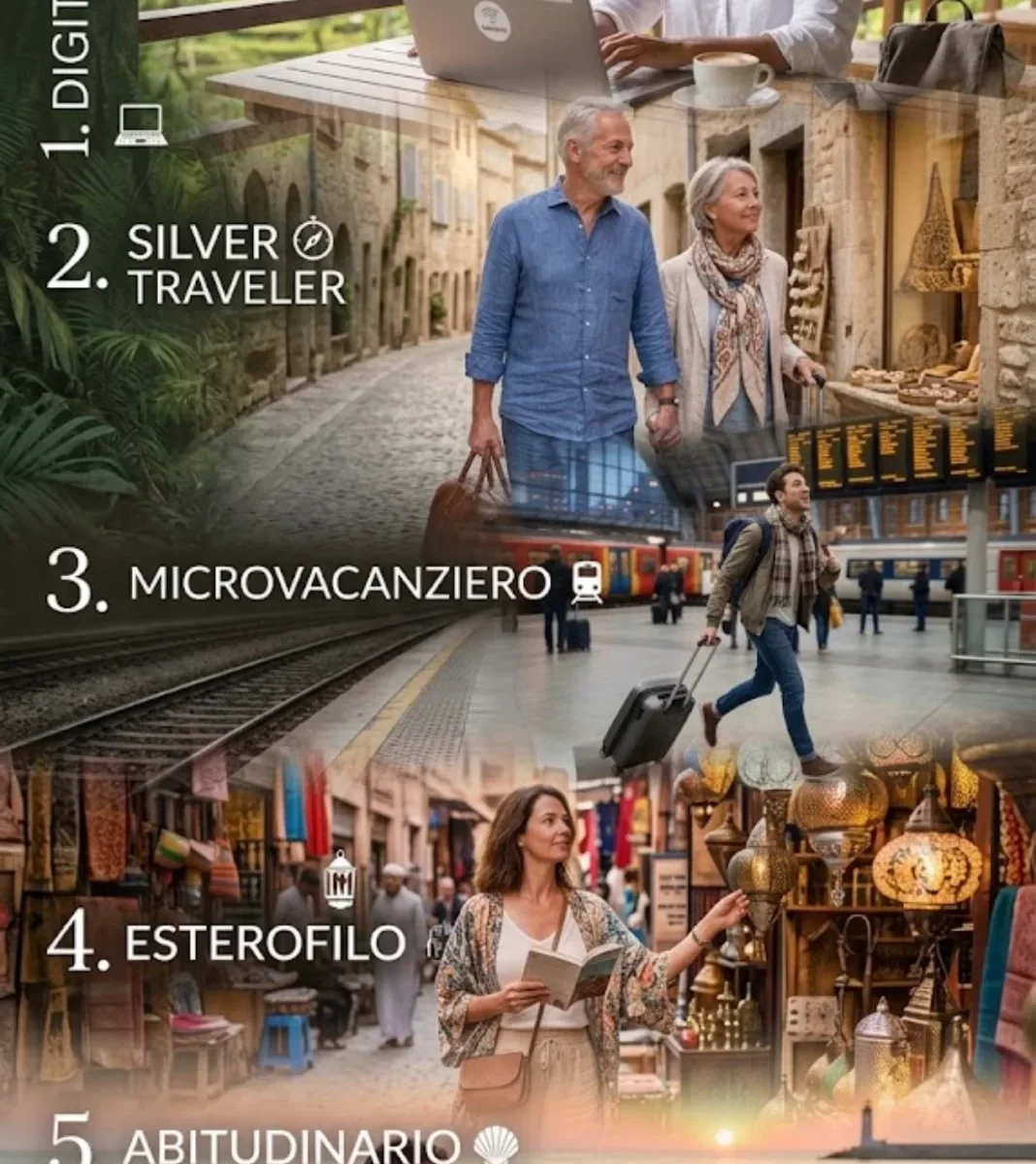 Infografica che mostra 5 tipologie di viaggiatori: digital nomad, silver traveler, microvacanziero, esterofilo e abitudinario.