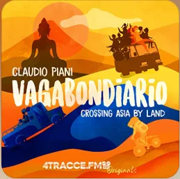 Locandina illustrata del podcast Vagabondiario di Claudio Piani con Buddha, bus, fuoristrada e ciclista tra le dune.
